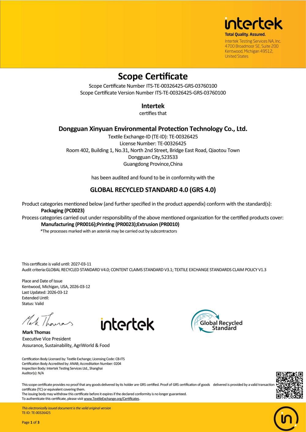 Intertek GRS 4.0 Scope Certificate